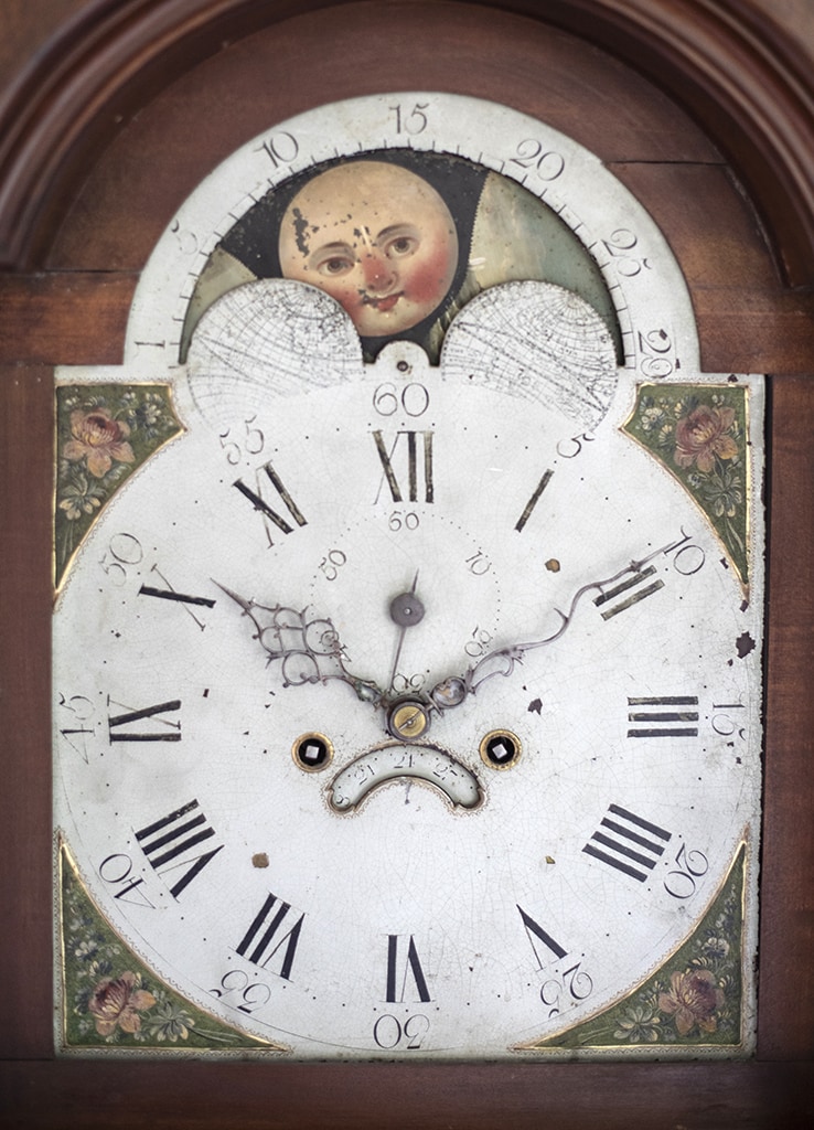 Flame Mahogany Tall Case Clock, detail