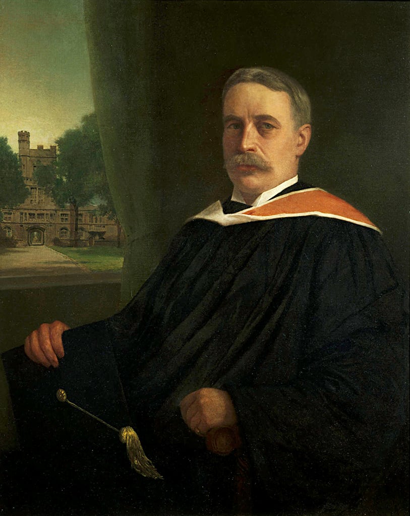 Portrait of Moses Taylor Pyne. William Sartain (1843-1924), oil on canvas. Long term loan Princeton University Art Museum. Moses Taylor Pyne is seated in academic gown with a view of Princeton University’s Pyne library in the background.
