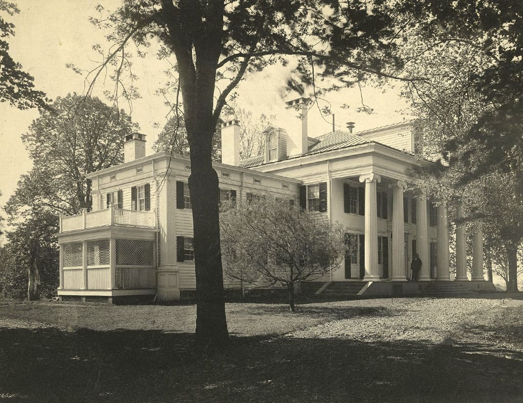 The East wing, shown, was added first to the residence.