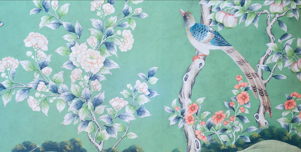 Hand painted wall panel, detail. In 1982, The Foundation commissioned 29 separate hand-painted wall panels for the residence’s dining room. The design consists of plum blossoms, peonies, butterflies, bees and birds. In the Chinese tradition, plum blossoms represent strength and braveness while peonies are representative of high office, prosperity and wealth.