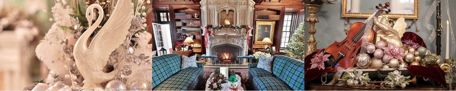 Three photos from Drumthwacket’s Holiday Open House event: a swan ornament, the library, and Music Room decorations atop the fireplace.