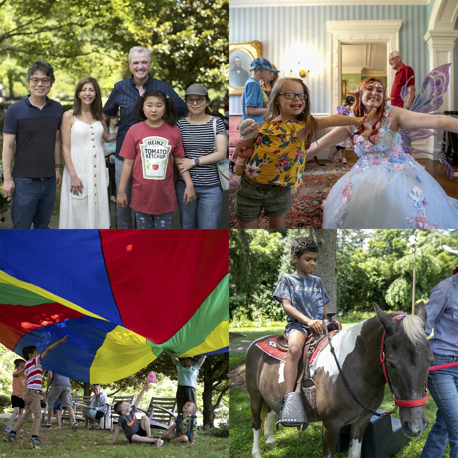 Photos from Spring Carnival 2022: the Governor and First Lady posing with a family, a little girl “flys” with a fairy, children underneath a colorful parachute, a little boy on a pony